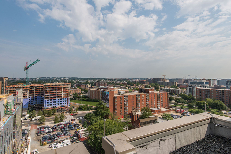The roof deck has panoramic city views of Washington DC.